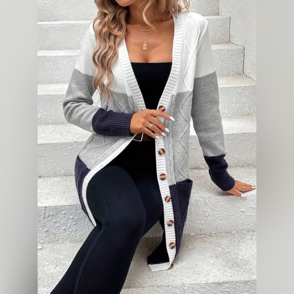 New Cozy Longline Cardigan Chunky Knit Colorblock Long Sleeves White Gray Navy - Picture 8 of 16